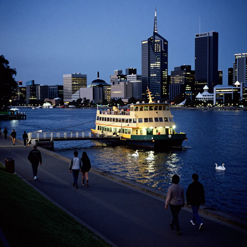 Twilight Street Scene in Perth Western Australia with Chain Ferry Crossing Swan River in in Perth, Western Australia, Australia