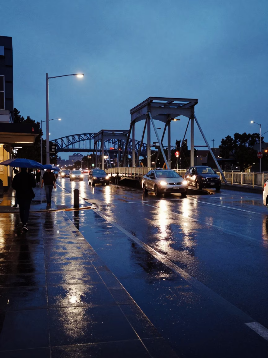 Twilight Street Scene in Perth Western Australia with Drawbridge and Rain Reflections in in Perth, Western Australia, Australia