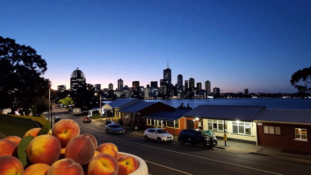 Twilight street scene in Perth Western Australia with nectarines and local life in in Perth, Western Australia, Australia