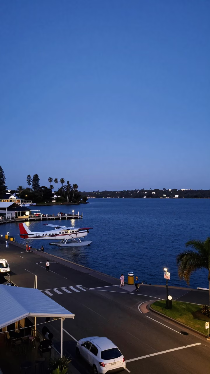 Twilight Street Scene in Perth Western Australia with Seaplane and Local Activity in in Perth, Western Australia, Australia