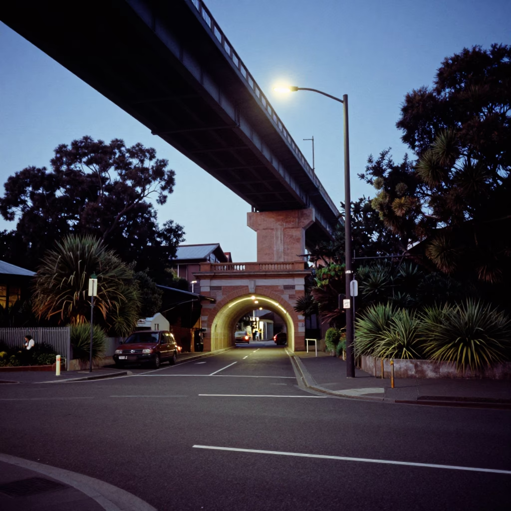 Twilight Street Scene in Perth Western Australia with Tunnel Portal and Viaduct Shadow in in Perth, Western Australia, Australia