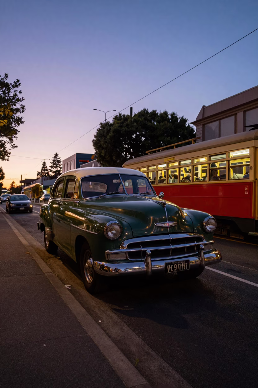 Twilight Street Scene in Perth Western Australia with Vintage Car and Tram in in Perth, Western Australia, Australia