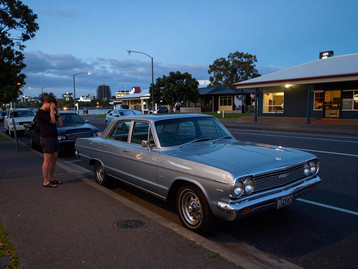 Twilight Street Scene in Perth Western Australia with Vintage Car and Weeping Willow in in Perth, Western Australia, Australia