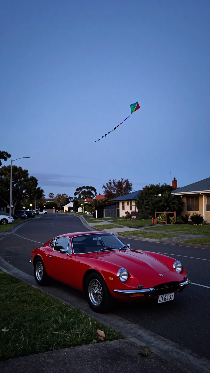 Twilight Street Scene in Perth Western Australia with Vintage Sports Car and Kites in in Perth, Western Australia, Australia