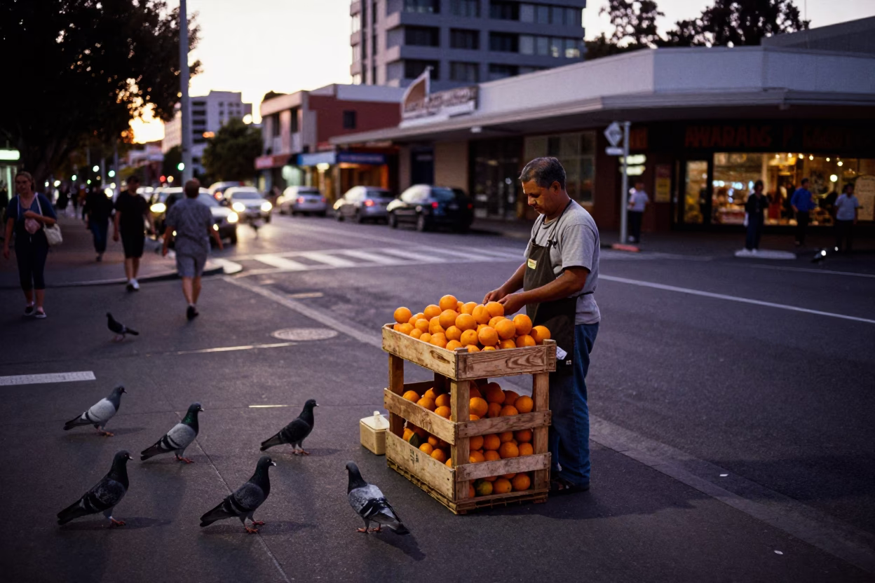 Twilight street scene in Perth with pigeons and fruit crate in in Perth, Western Australia, Australia