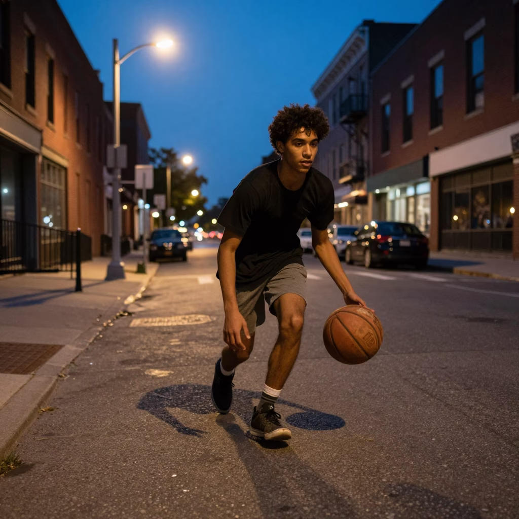 Twilight Street Scene in Philadelphia Pennsylvania with Basketball and Urban Details in in Philadelphia, Pennsylvania, United States