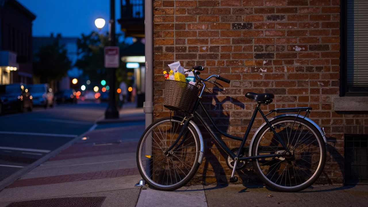 Twilight Street Scene in Philadelphia Pennsylvania with Bicycle Basket and Urban Architecture in in Philadelphia, Pennsylvania, United States