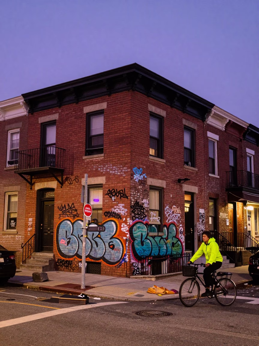 Twilight Street Scene in Philadelphia Pennsylvania with Colorful Graffiti and Urban Life in in Philadelphia, Pennsylvania, United States