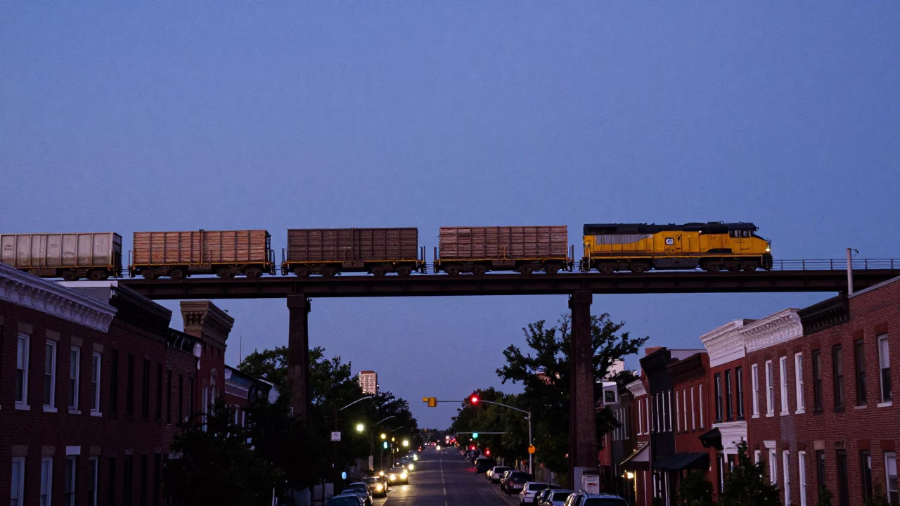 Twilight Street Scene in Philadelphia Pennsylvania with Freight Train Crossing Trestle Bridge in in Philadelphia, Pennsylvania, United States