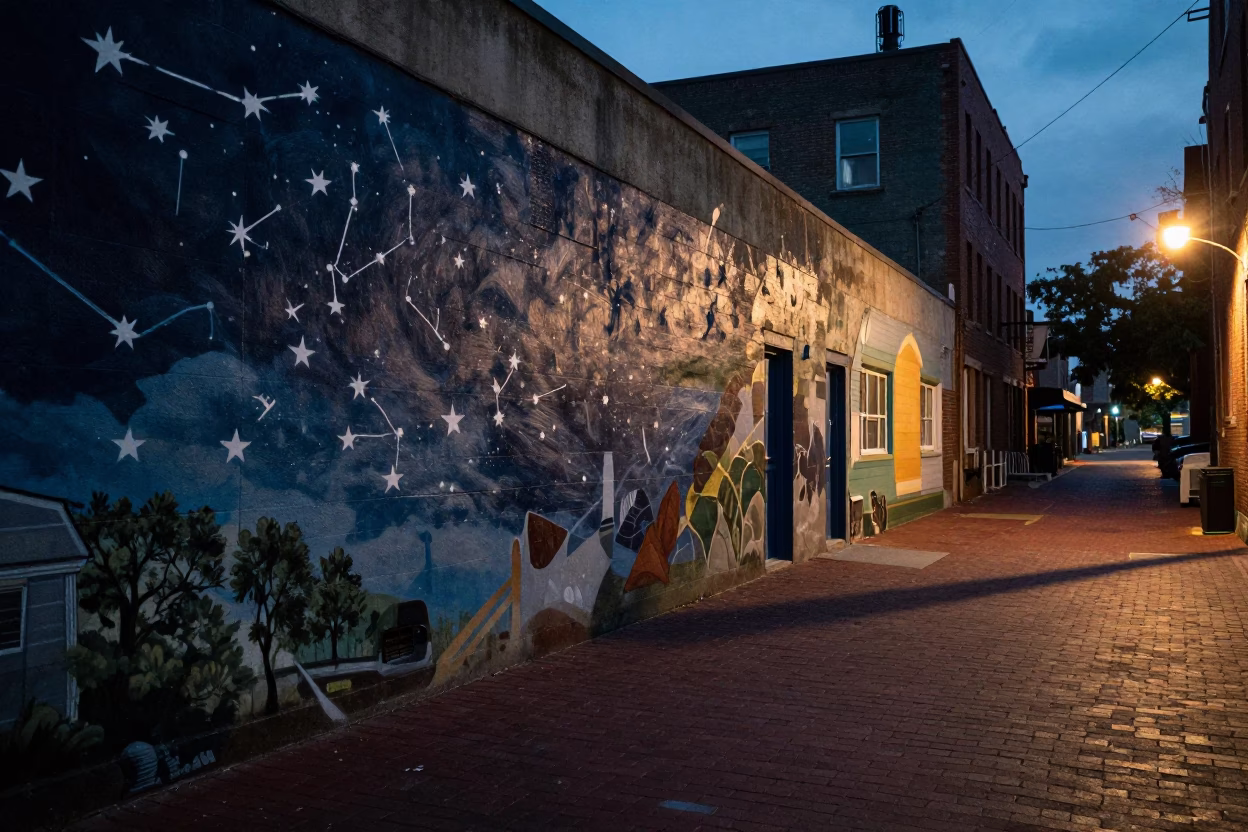 Twilight Street Scene in Philadelphia Pennsylvania with School Corridor Mural and Muddy Footprints in in Philadelphia, Pennsylvania, United States