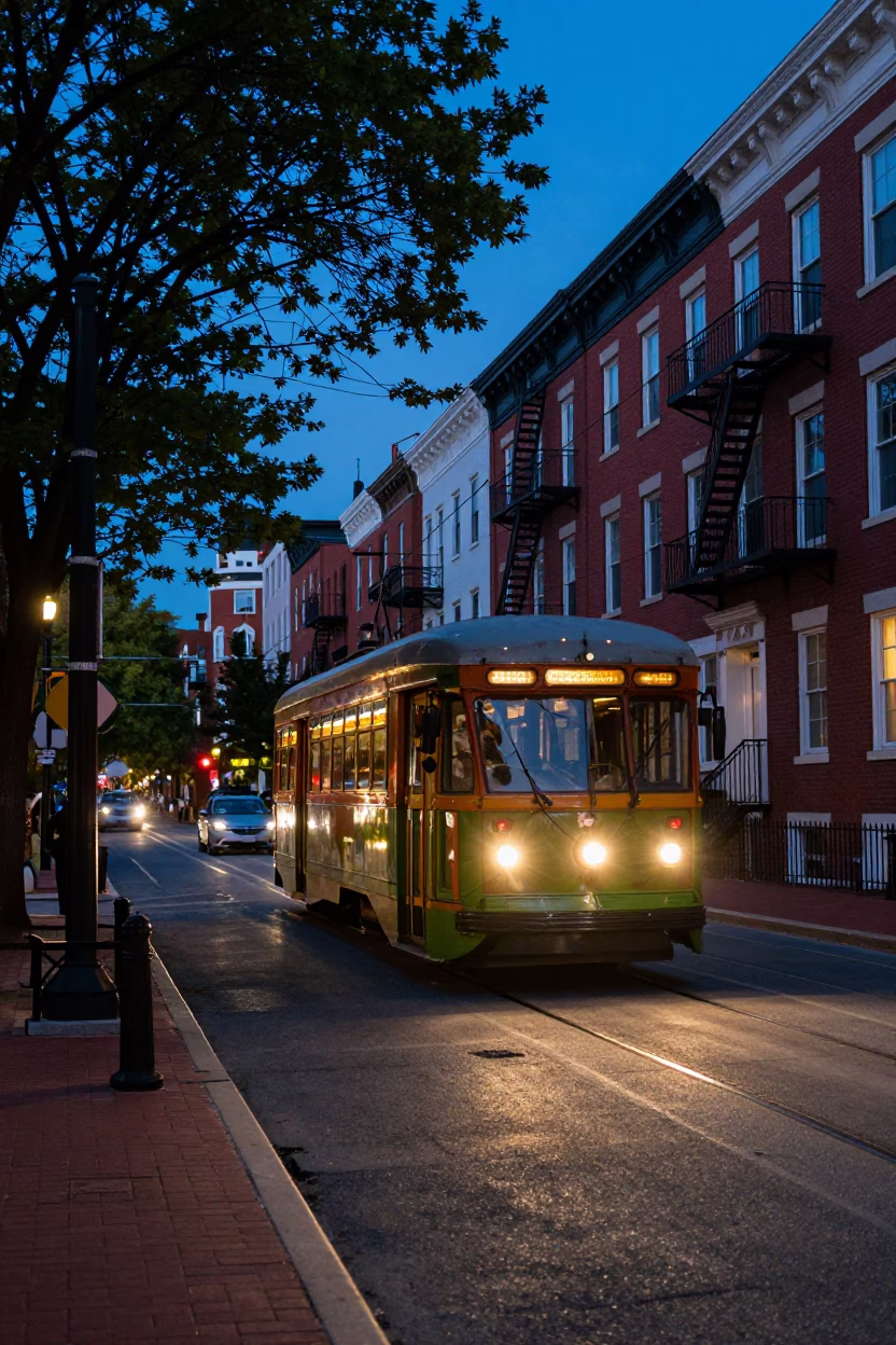 Twilight Street Scene in Philadelphia Pennsylvania with Tramcar and Urban Details in in Philadelphia, Pennsylvania, United States
