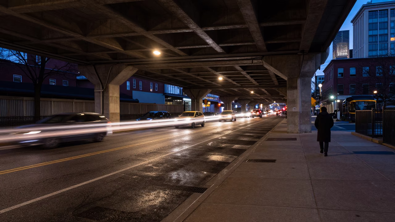 Twilight Street Scene in Philadelphia Pennsylvania with Urban Shadows and Architectural Details in in Philadelphia, Pennsylvania, United States