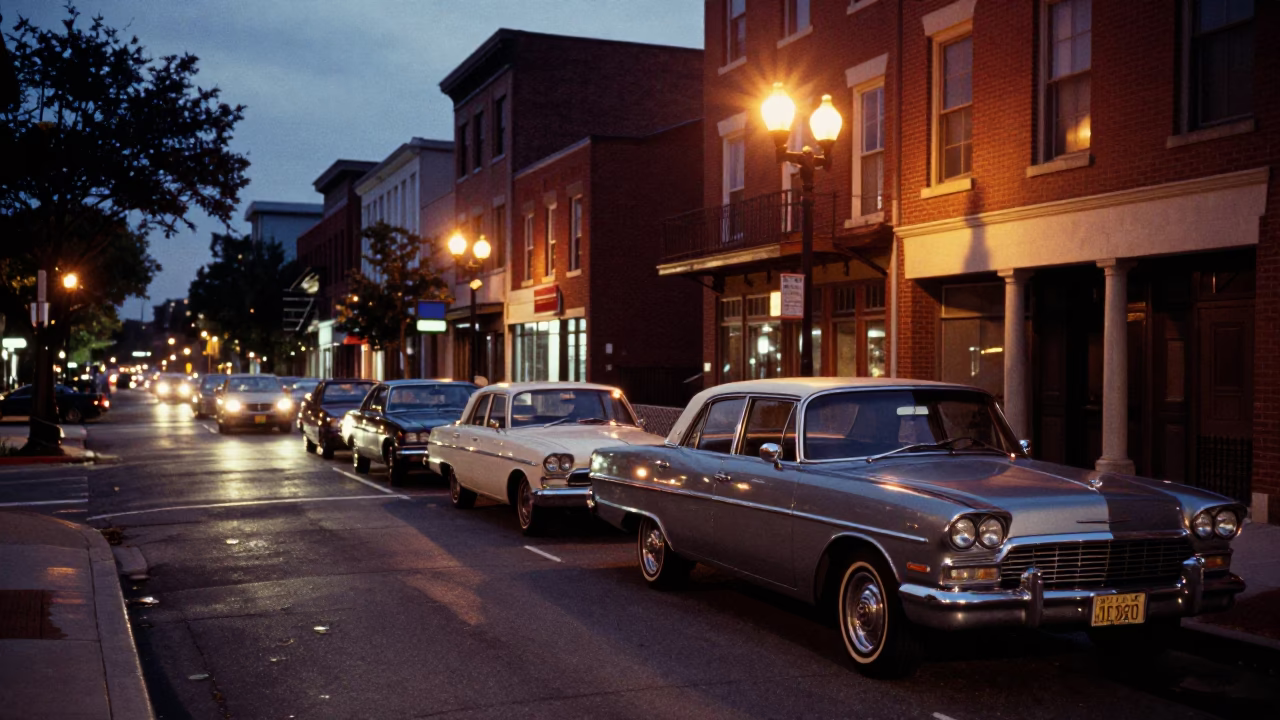 Twilight Street Scene in Philadelphia Pennsylvania with Vintage Cars and City Lights in in Philadelphia, Pennsylvania, United States