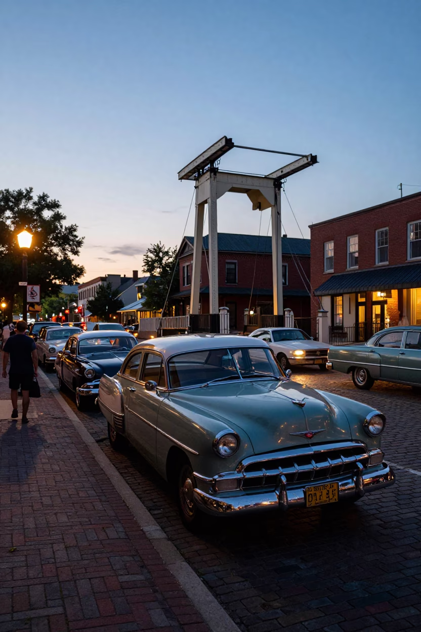 Twilight street scene in Philadelphia Pennsylvania with vintage cars and drawbridge counterweight house in in Philadelphia, Pennsylvania, United States