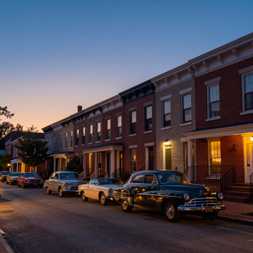 Twilight Street Scene in Philadelphia Pennsylvania with Vintage Cars and Urban Architecture in in Philadelphia, Pennsylvania, United States