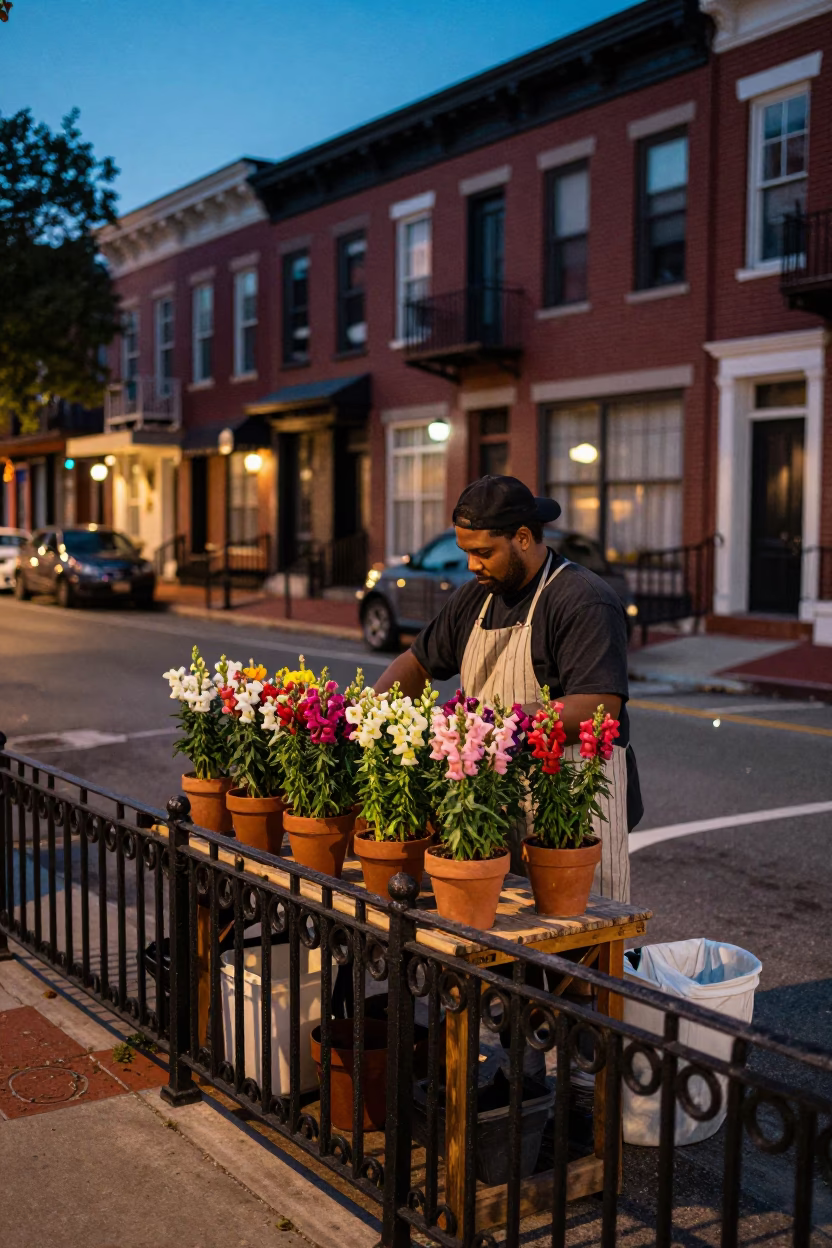 Twilight Street Scene in Philadelphia Pennsylvania with Vintage Details in in Philadelphia, Pennsylvania, United States