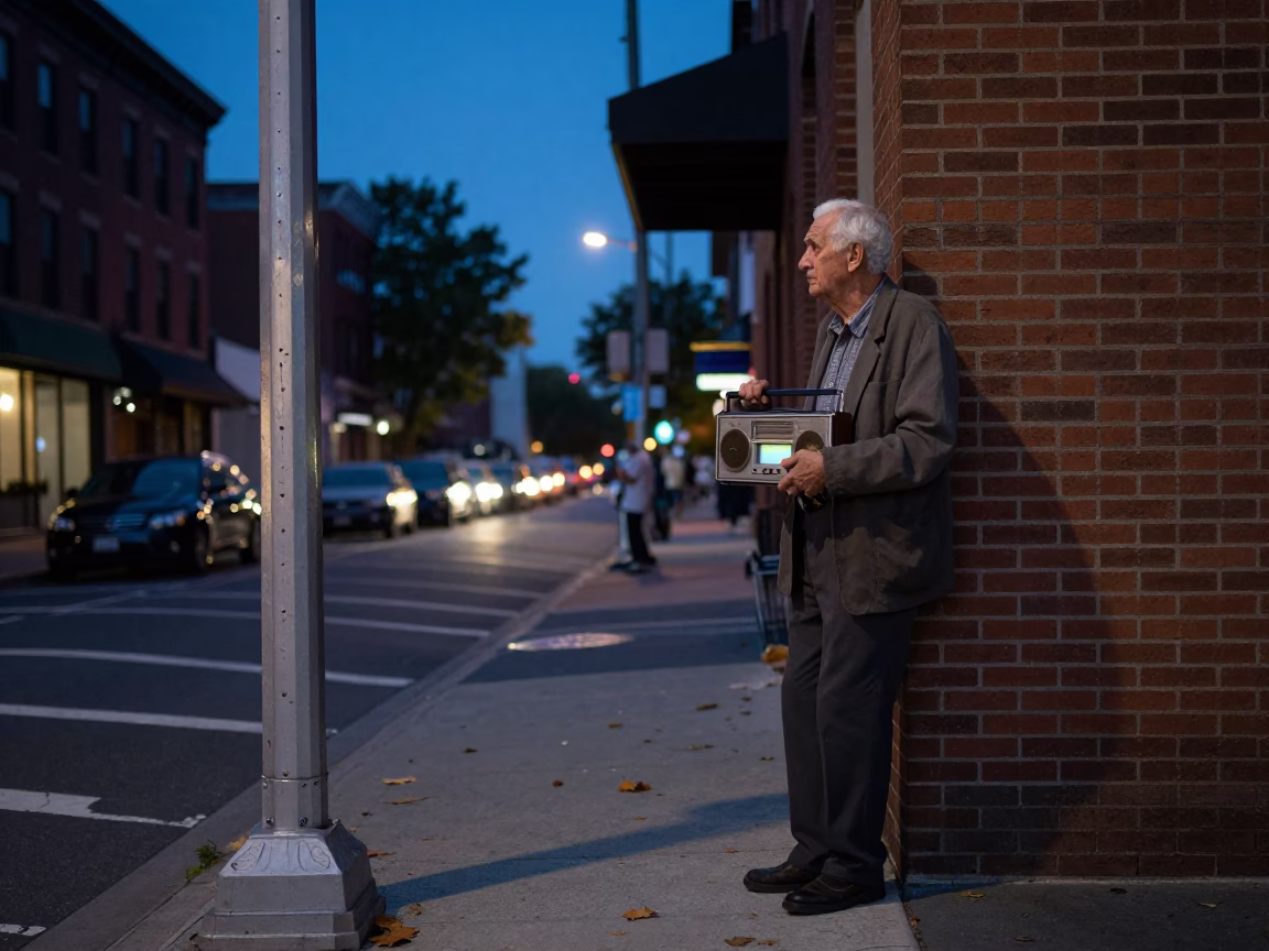 Twilight Street Scene in Philadelphia Pennsylvania with Vintage Radio and Leaf Shadows in in Philadelphia, Pennsylvania, United States