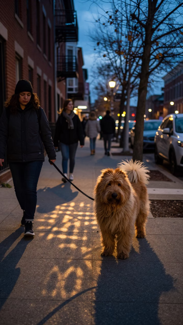 Twilight Street Scene in Philadelphia Pennsylvania with Wicker Shadow and Puli Dog in in Philadelphia, Pennsylvania, United States