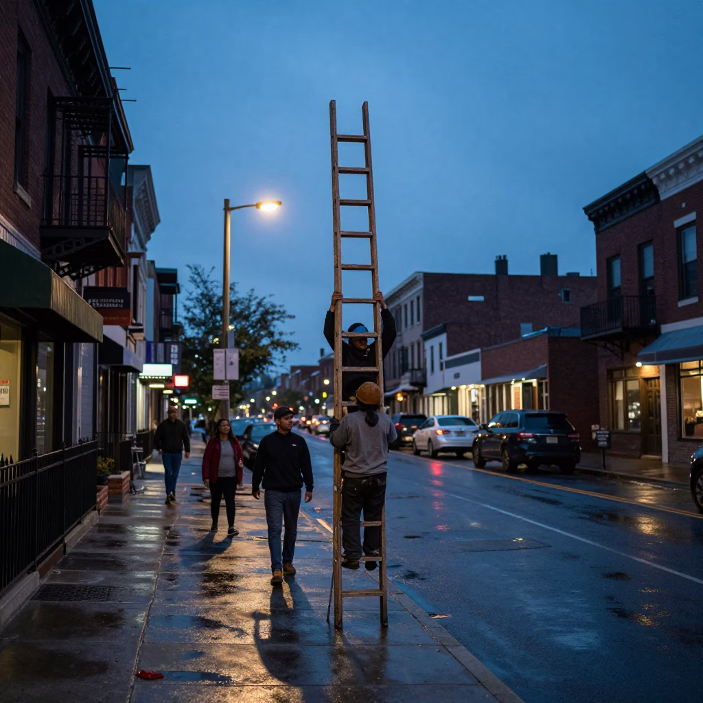 Twilight Street Scene in Philadelphia Pennsylvania with Wooden Ladder and Urban Activity in in Philadelphia, Pennsylvania, United States