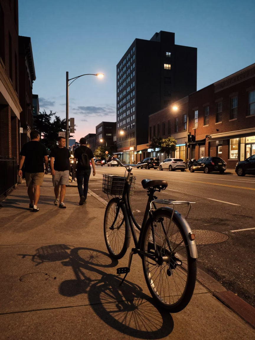 Twilight Street Scene in Philadelphia with Vintage Bicycle and Brutalist Architecture in in Philadelphia, Pennsylvania, United States