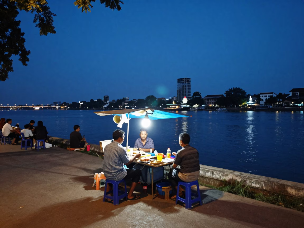 Twilight Street Scene in Phnom Penh Cambodia with Amulet and River View in in Phnom Penh, Cambodia