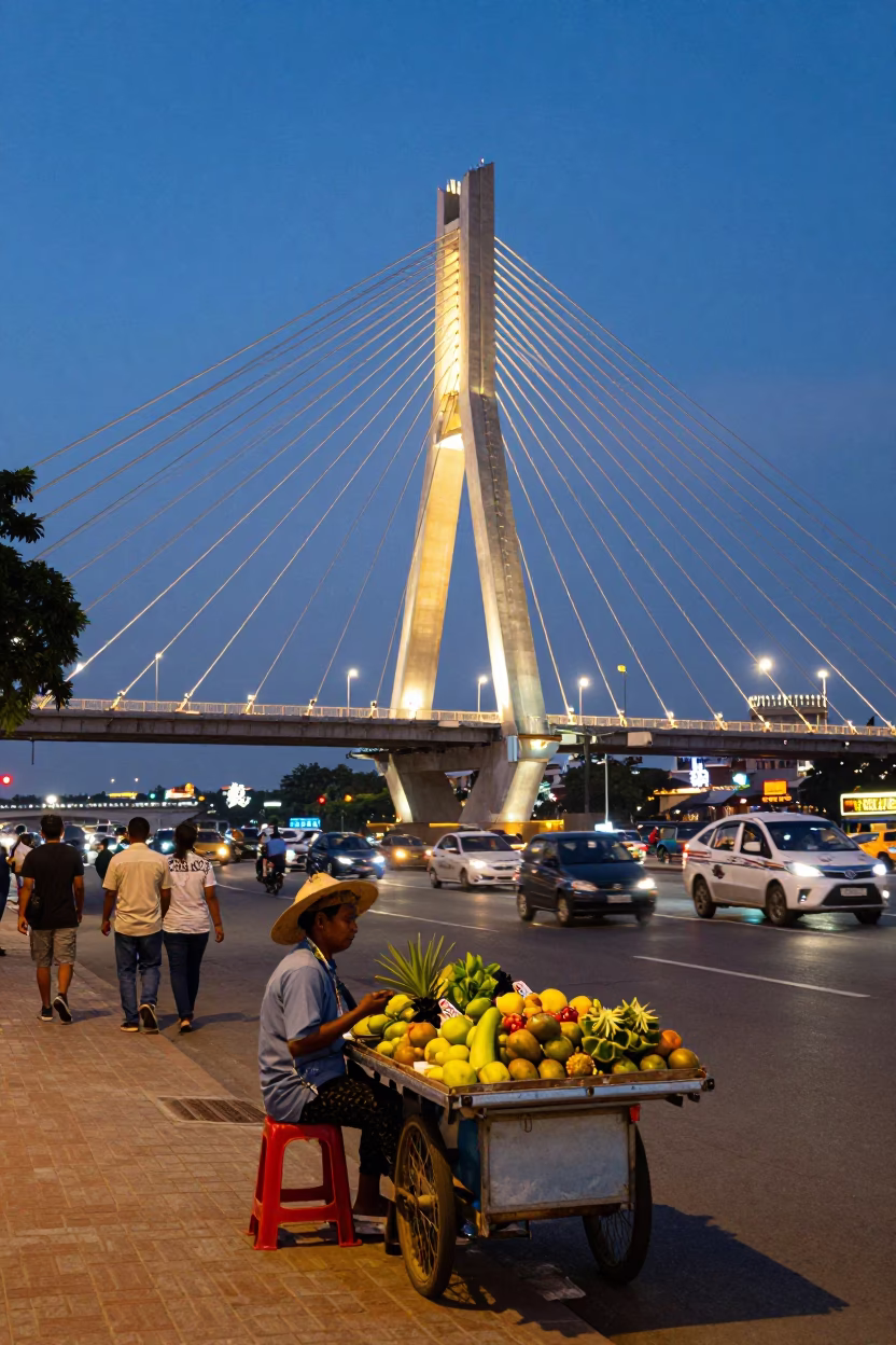 Twilight Street Scene in Phnom Penh Cambodia with Cable-Stayed Bridge Illuminated in in Phnom Penh, Cambodia