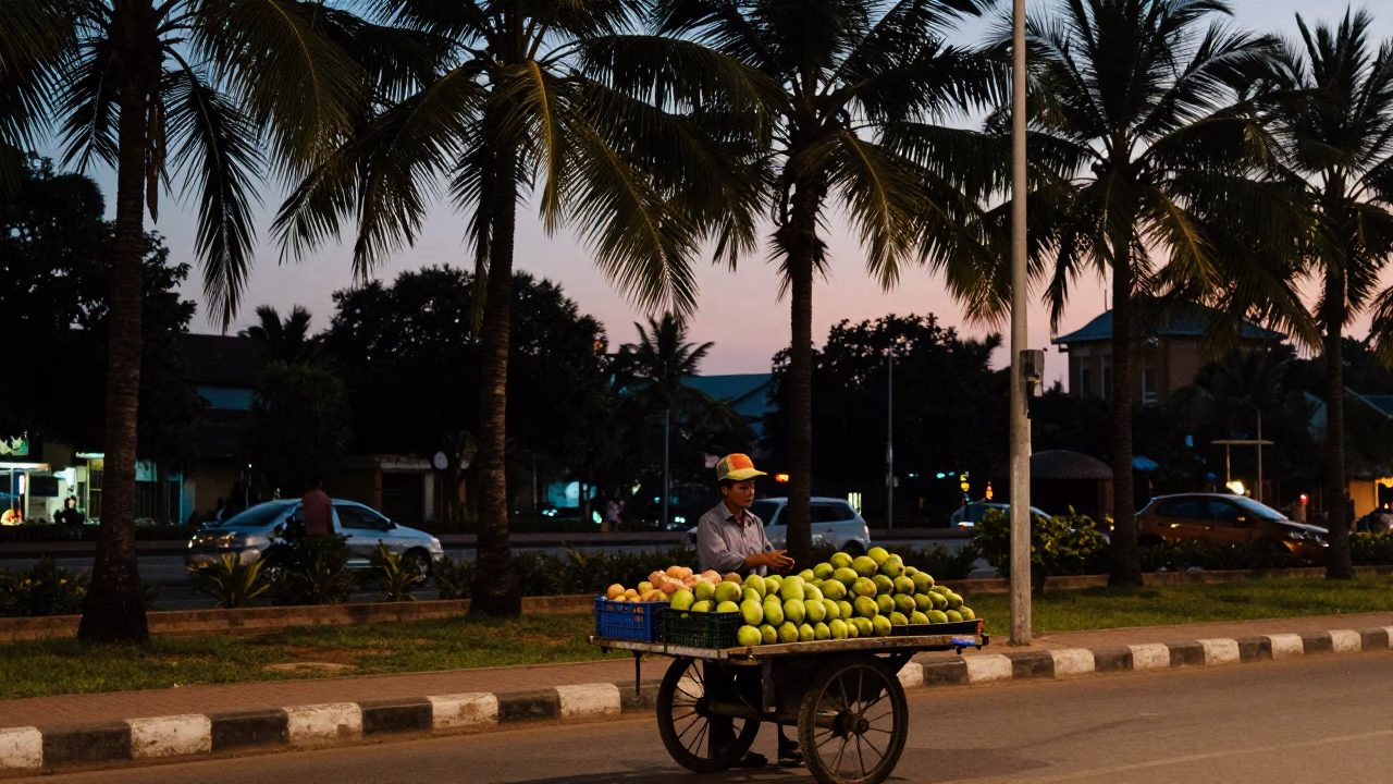 Twilight Street Scene in Phnom Penh Cambodia with Fruit Vendor and Palm Trees in in Phnom Penh, Cambodia