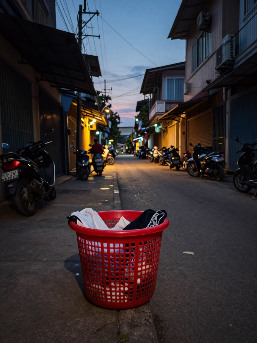 Twilight Street Scene in Phnom Penh Cambodia with Laundry Basket and Mesh Colander in in Phnom Penh, Cambodia