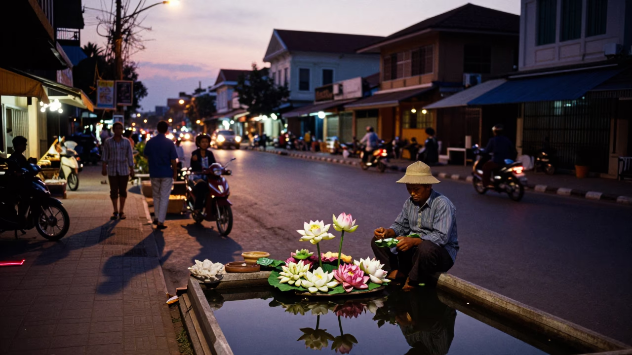 Twilight Street Scene in Phnom Penh Cambodia with Lotus Flowers and Local Life in in Phnom Penh, Cambodia