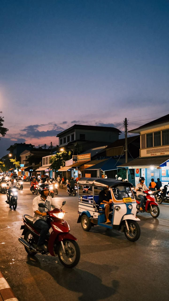 Twilight street scene in Phnom Penh Cambodia with motorbike traffic and local market activity in in Phnom Penh, Cambodia