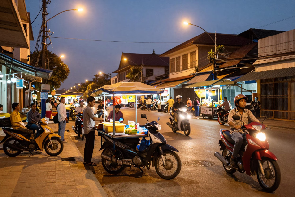 Twilight street scene in Phnom Penh Cambodia with motorbikes and street food vendors in in Phnom Penh, Cambodia