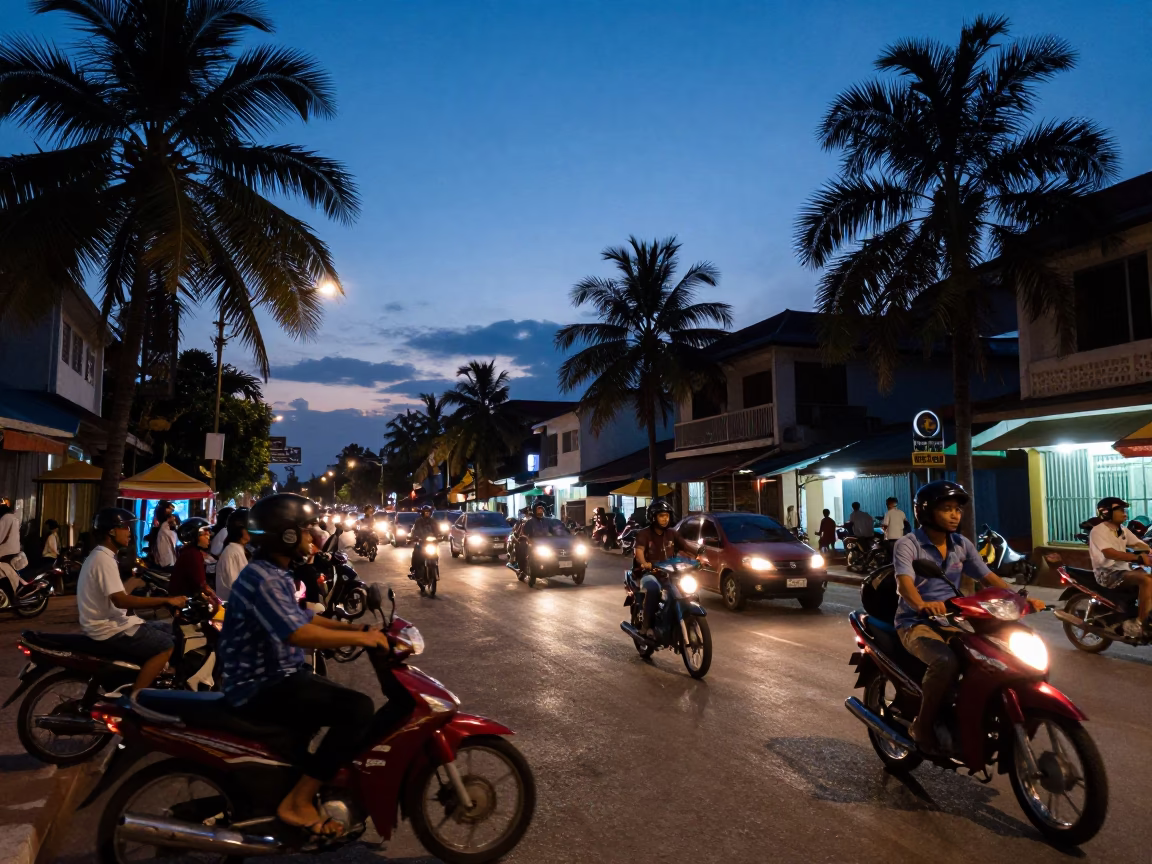 Twilight Street Scene in Phnom Penh Cambodia with Motorcycles and Local Life in in Phnom Penh, Cambodia