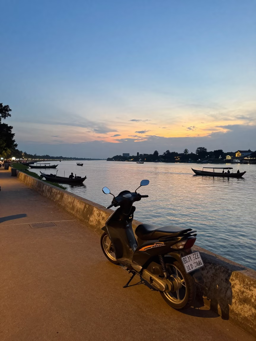 Twilight Street Scene in Phnom Penh Cambodia with Scooter and Local Life in in Phnom Penh, Cambodia