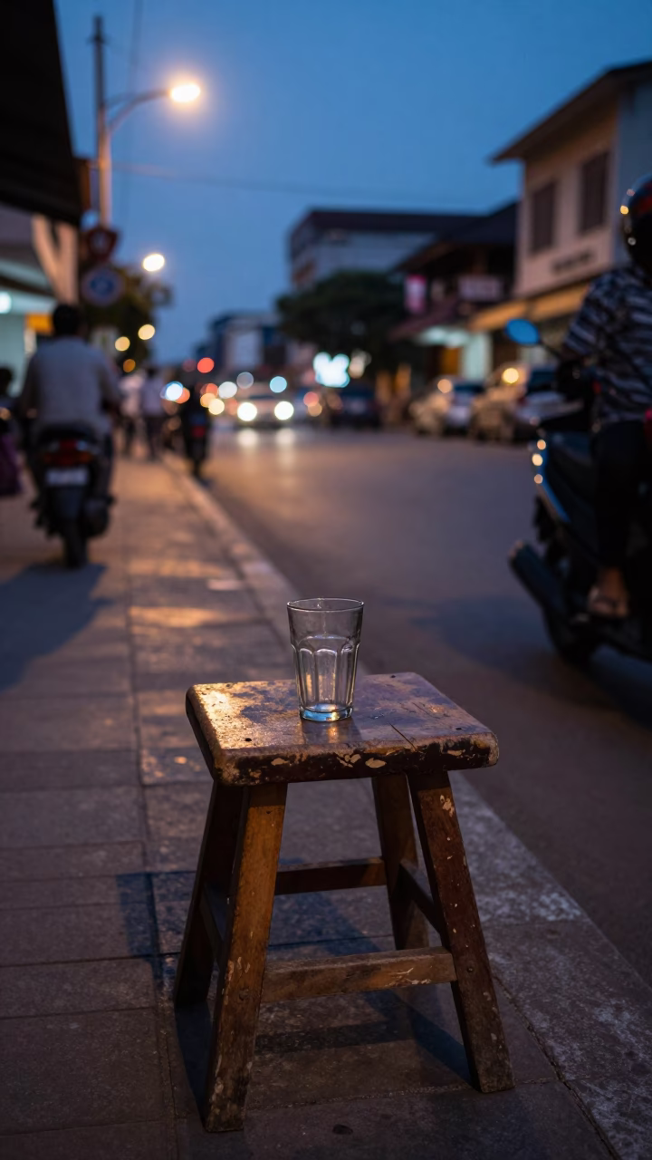 Twilight Street Scene in Phnom Penh Cambodia with Stool and Glass Cup in in Phnom Penh, Cambodia