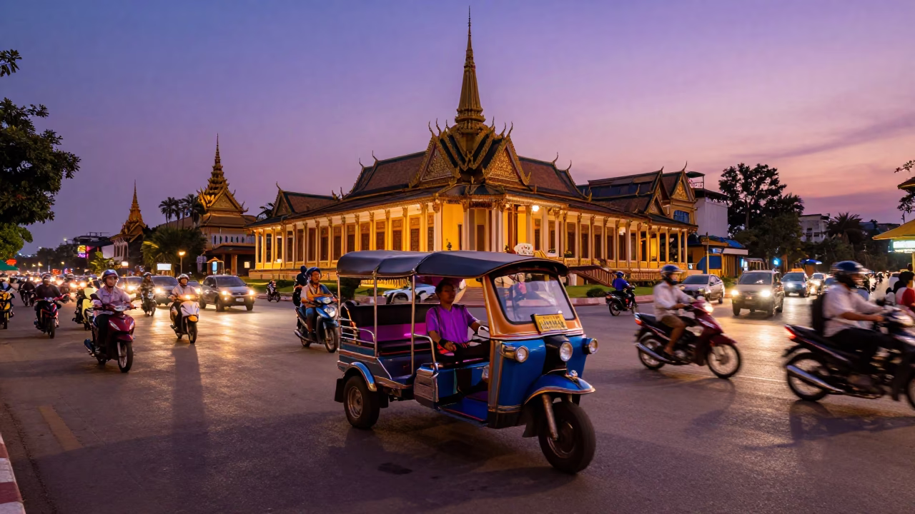 Twilight Street Scene in Phnom Penh Cambodia with Tuk Tuk and Street Food Vendor in in Phnom Penh, Cambodia