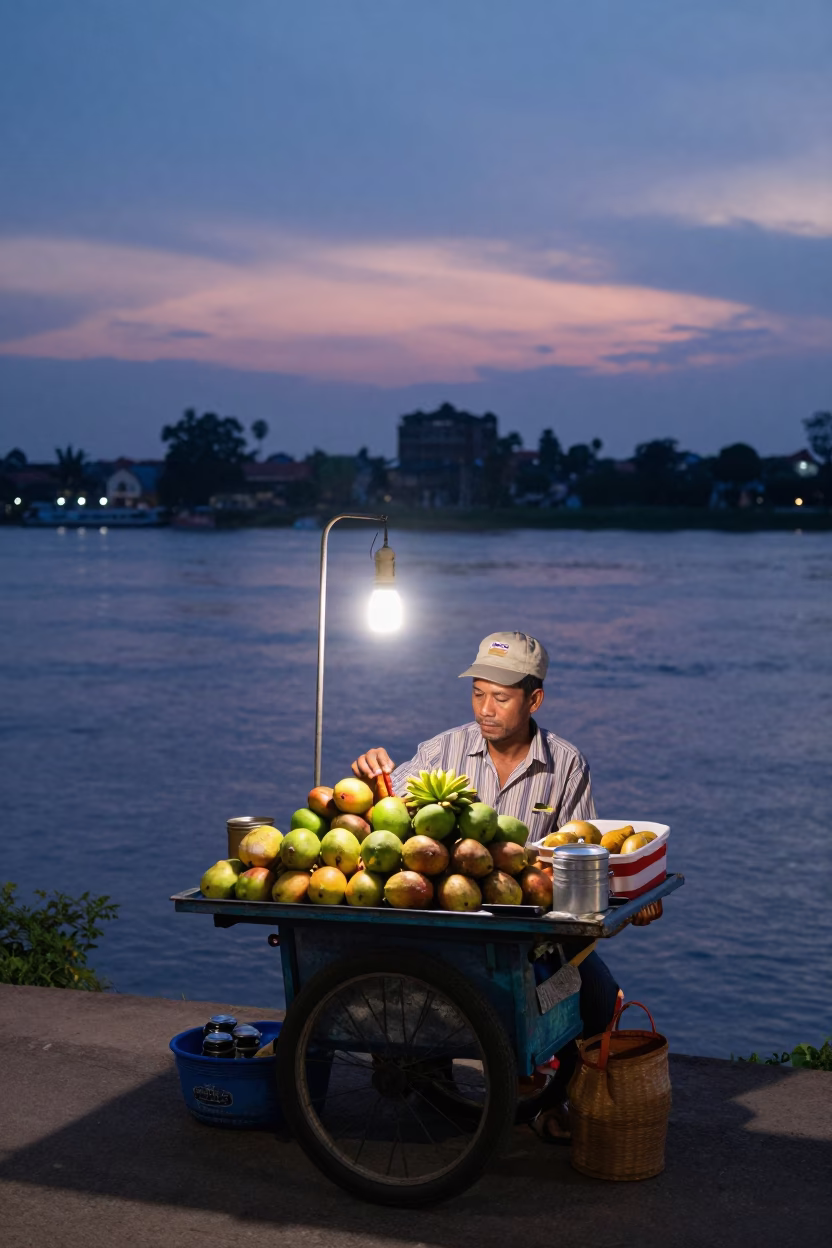 Twilight Street Scene in Phnom Penh Cambodia with Vendor and Coffee Tin in in Phnom Penh, Cambodia
