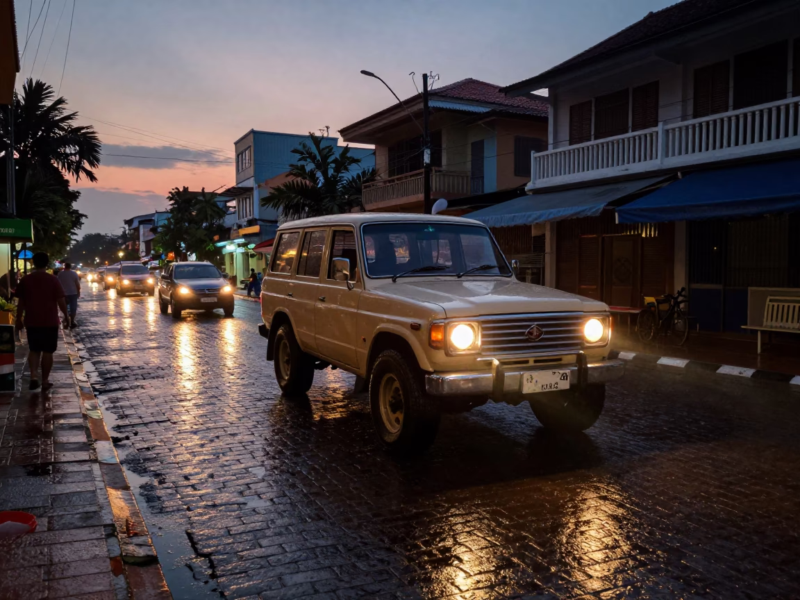 Twilight Street Scene in Phnom Penh Cambodia with Vintage SUV and Local Market Activity in in Phnom Penh, Cambodia