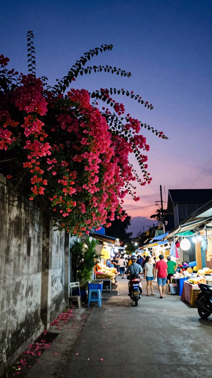 Twilight Street Scene in Phuket Thailand with Bougainvillea and Local Market Activity in in Phuket, Thailand