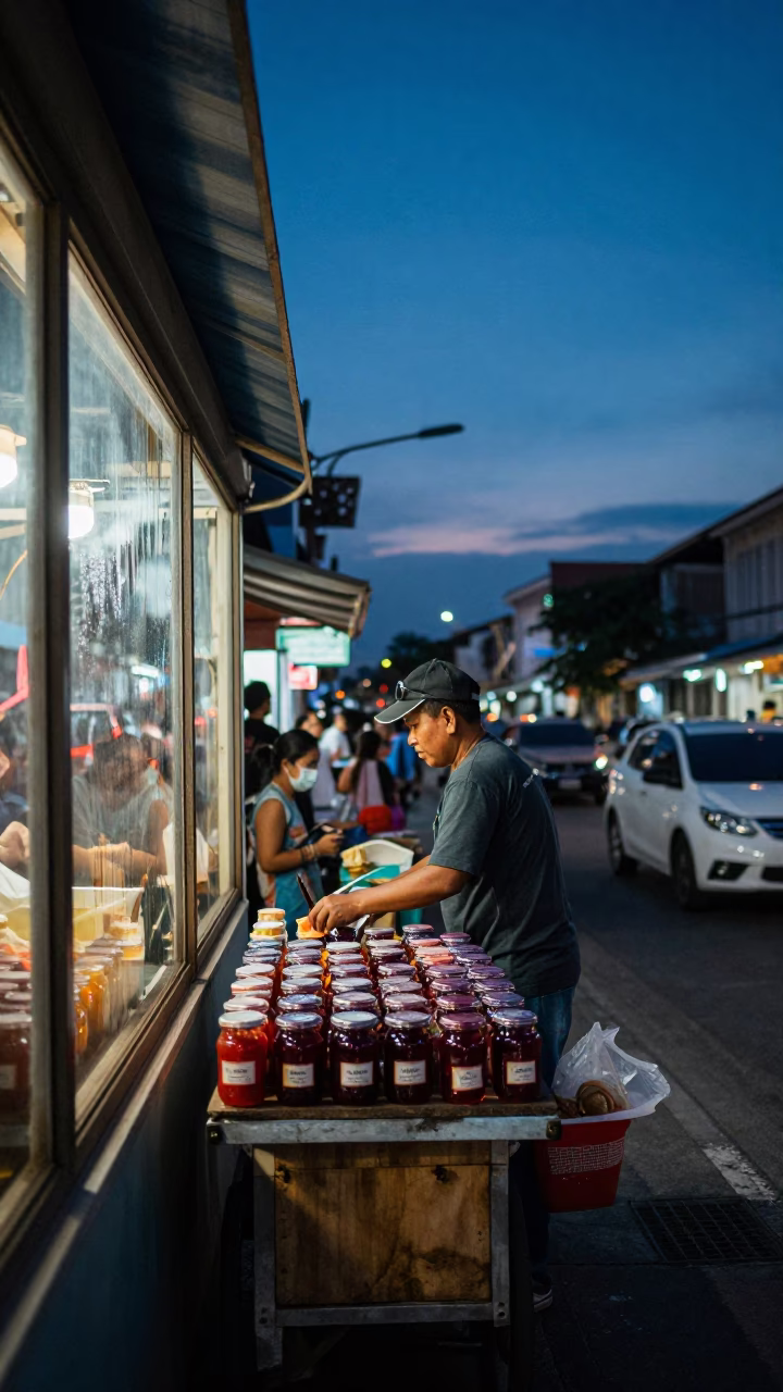 Twilight Street Scene in Phuket Thailand with Grease Sheen and Jam Jar in in Phuket, Thailand