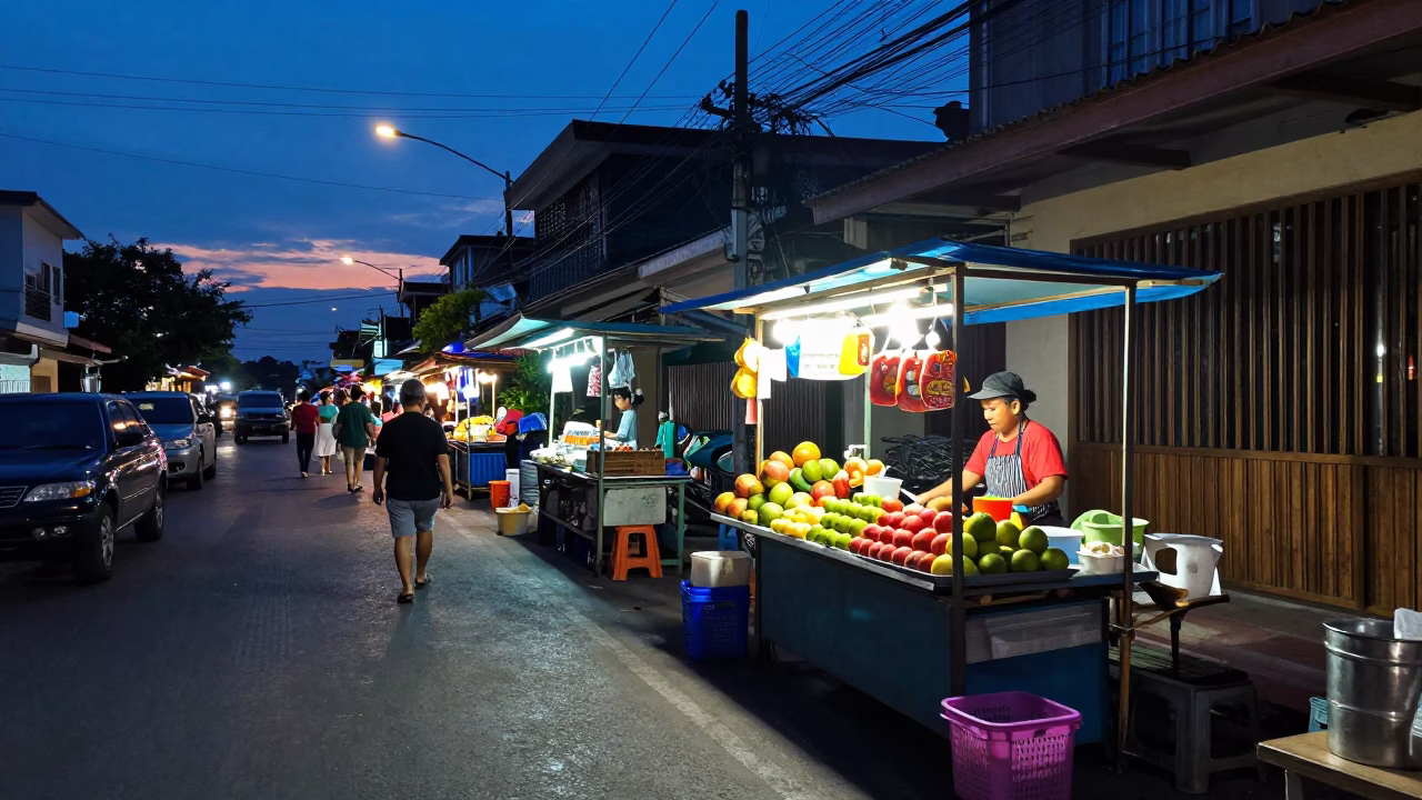 Twilight Street Scene in Phuket Thailand with Local Food and Vintage Atmosphere in in Phuket, Thailand