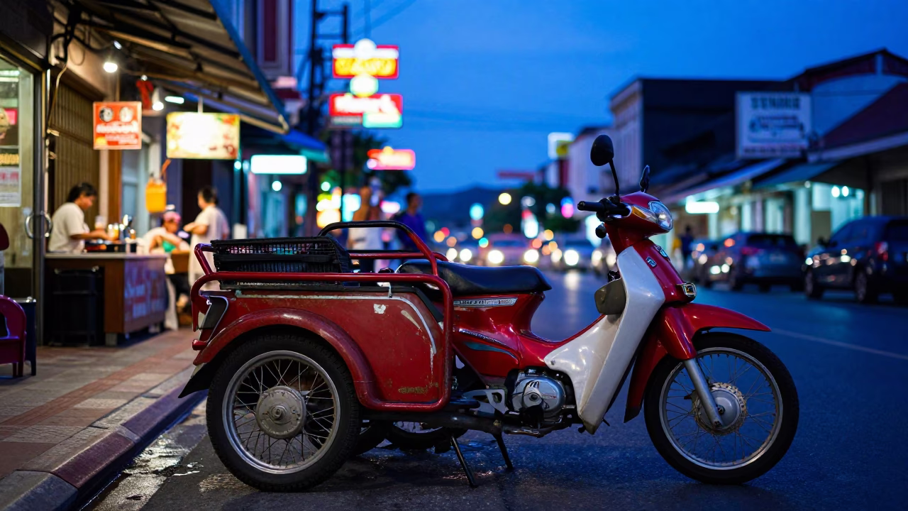 Twilight Street Scene in Phuket Thailand with Local Vendor and Ambient City Lights in in Phuket, Thailand