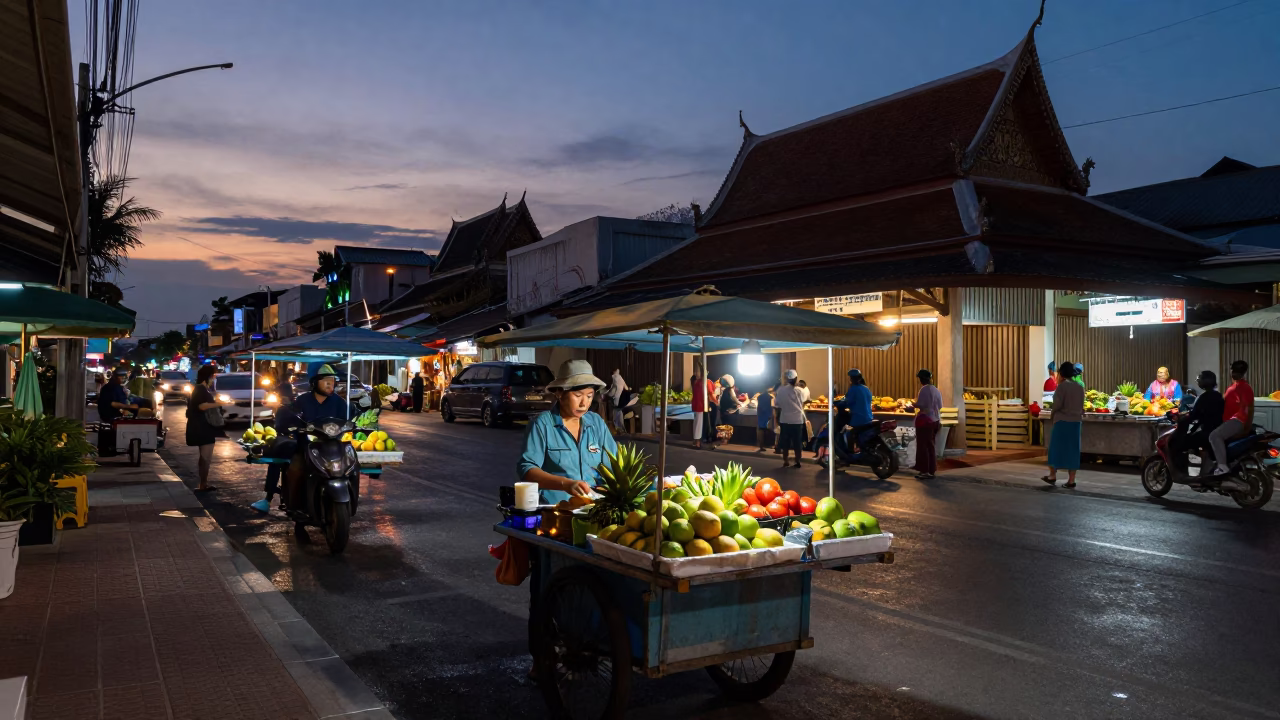 Twilight Street Scene in Phuket Thailand with Local Vendor and Traditional Boat in in Phuket, Thailand
