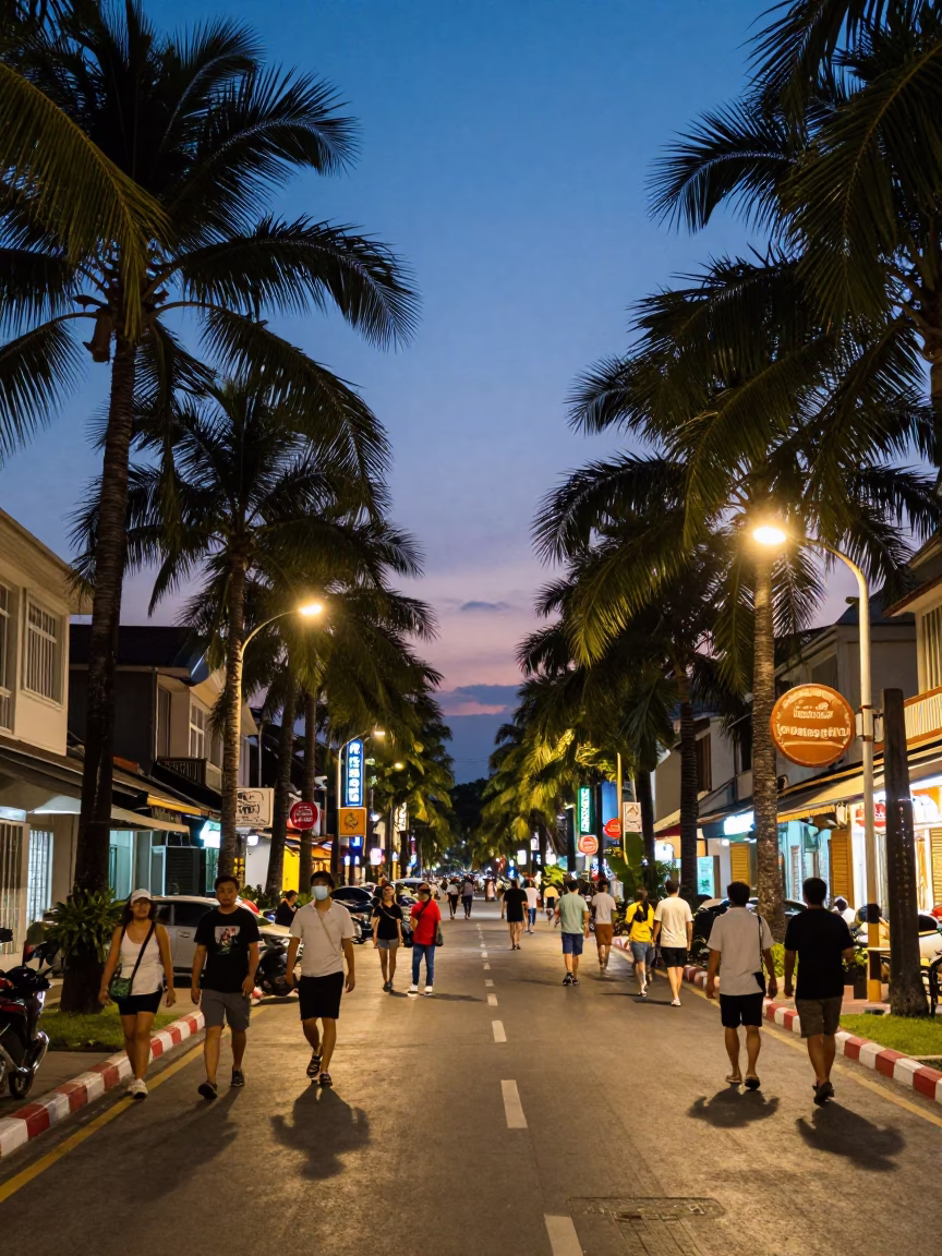 Twilight Street Scene in Phuket Thailand with Palm Tree Avenue and Busy Local Life in in Phuket, Thailand