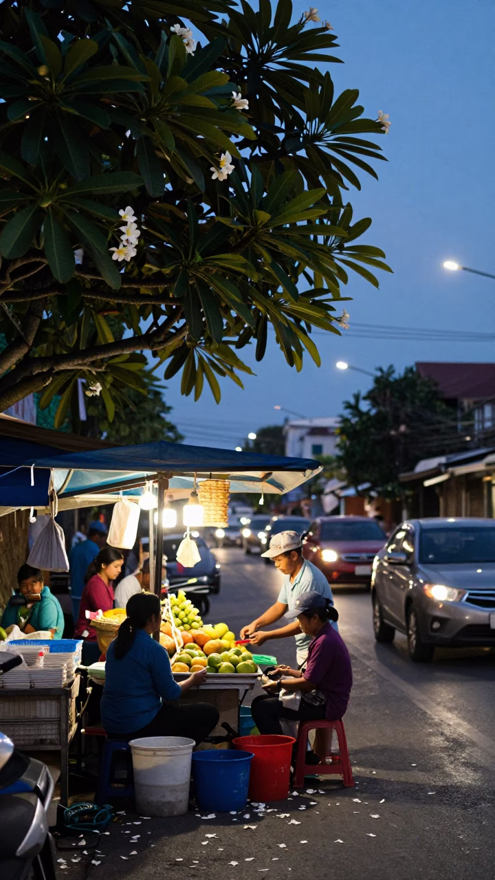 Twilight Street Scene in Phuket Thailand with Plumeria Tree and Local Vendor in in Phuket, Thailand