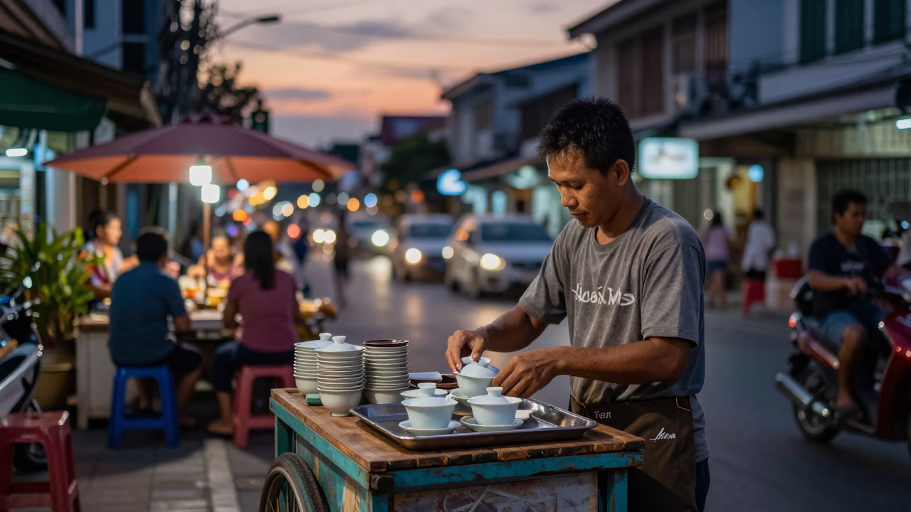 Twilight Street Scene in Phuket Thailand with Traditional Tea Service in in Phuket, Thailand