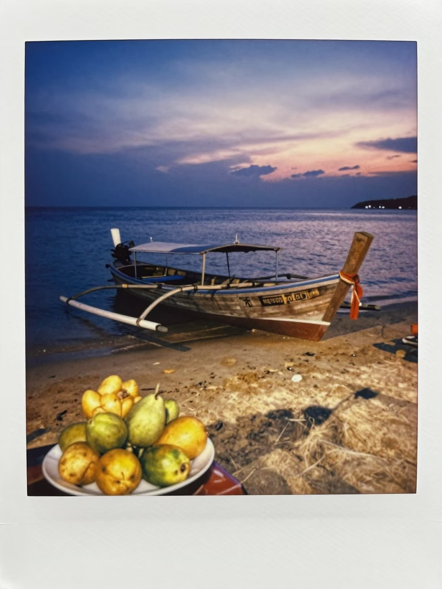 Twilight street scene in Phuket Thailand with wooden fishing boat and linen fringe in in Phuket, Thailand