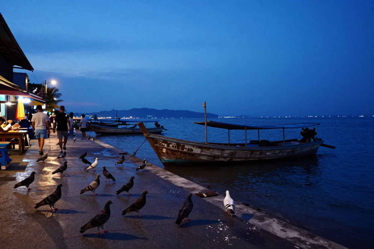 Twilight street scene in Phuket Thailand with wooden fishing boat at anchor in in Phuket, Thailand