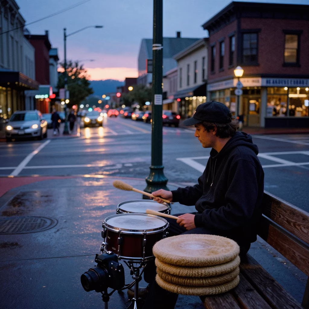 Twilight Street Scene in Portland Oregon Featuring Drum Brush and Local Urban Details in in Portland, Oregon, United States
