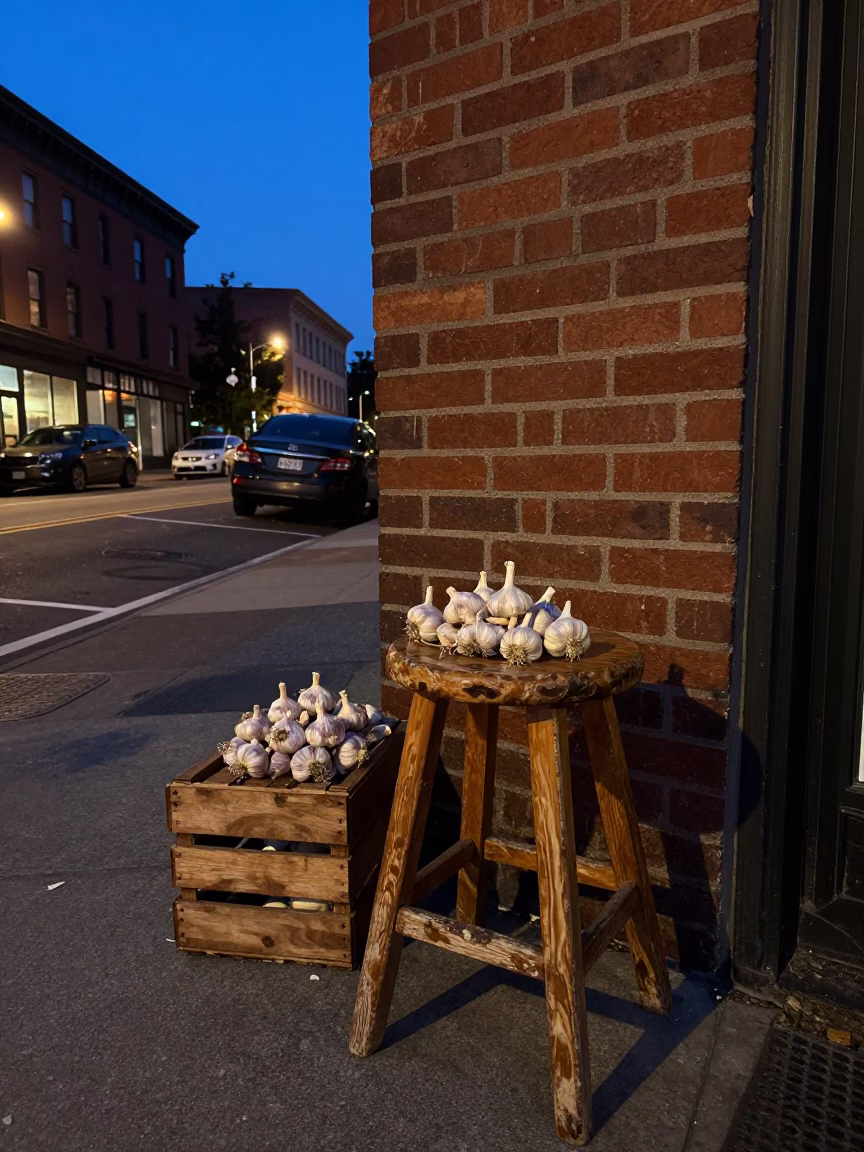 Twilight Street Scene in Portland Oregon Featuring Vintage Kitchen Stool and Garlic Bulbs in in Portland, Oregon, United States