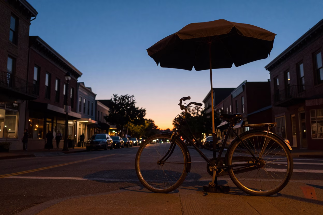Twilight Street Scene in Portland Oregon with Vintage Bicycle and Umbrella Stand in in Portland, Oregon, United States